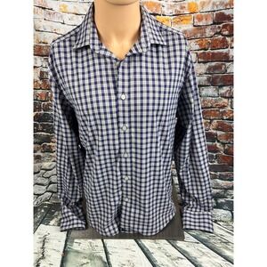 UNTUCKit Mens Medium Navy Blue White Gingham Check Performance Stretch Shirt